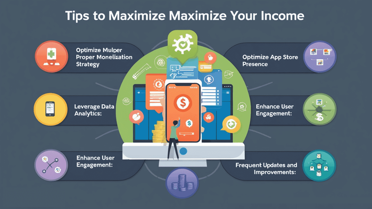 1. Visual guide on maximizing income through online app development tips and strategies for financial growth. 2. Infographic illustrating effective tips for increasing income by creating and monetizing an app online. 3. Image showcasing essential strategies to enhance earnings through app development and online money-making methods.