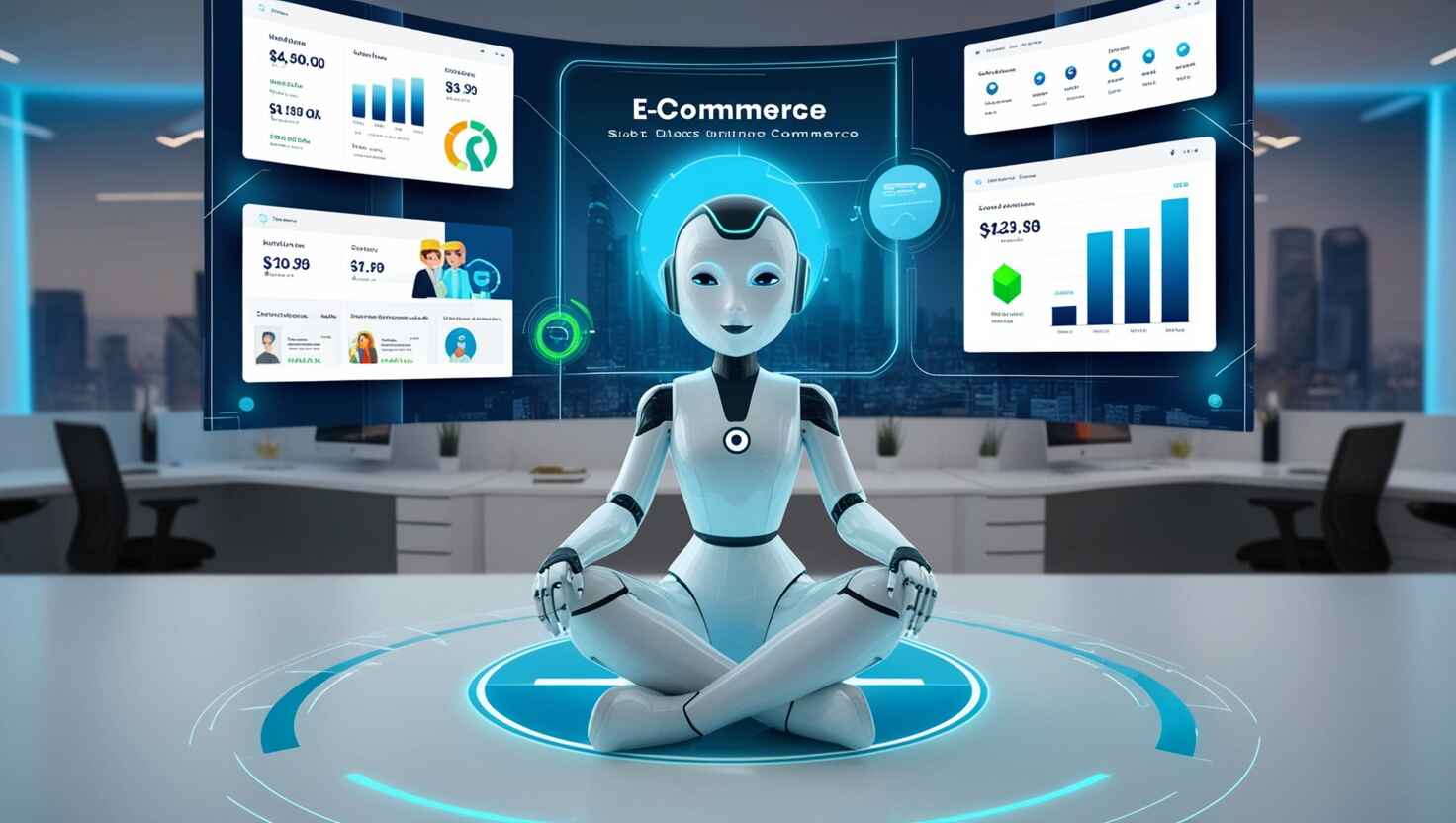 1. A robot seated before a computer screen, symbolizing AI technology in the e-commerce sector.

2. A robot positioned in front of a computer display, representing the integration of AI in e-commerce solutions.

3. A robot at a computer screen, illustrating the role of AI in enhancing e-commerce experiences.