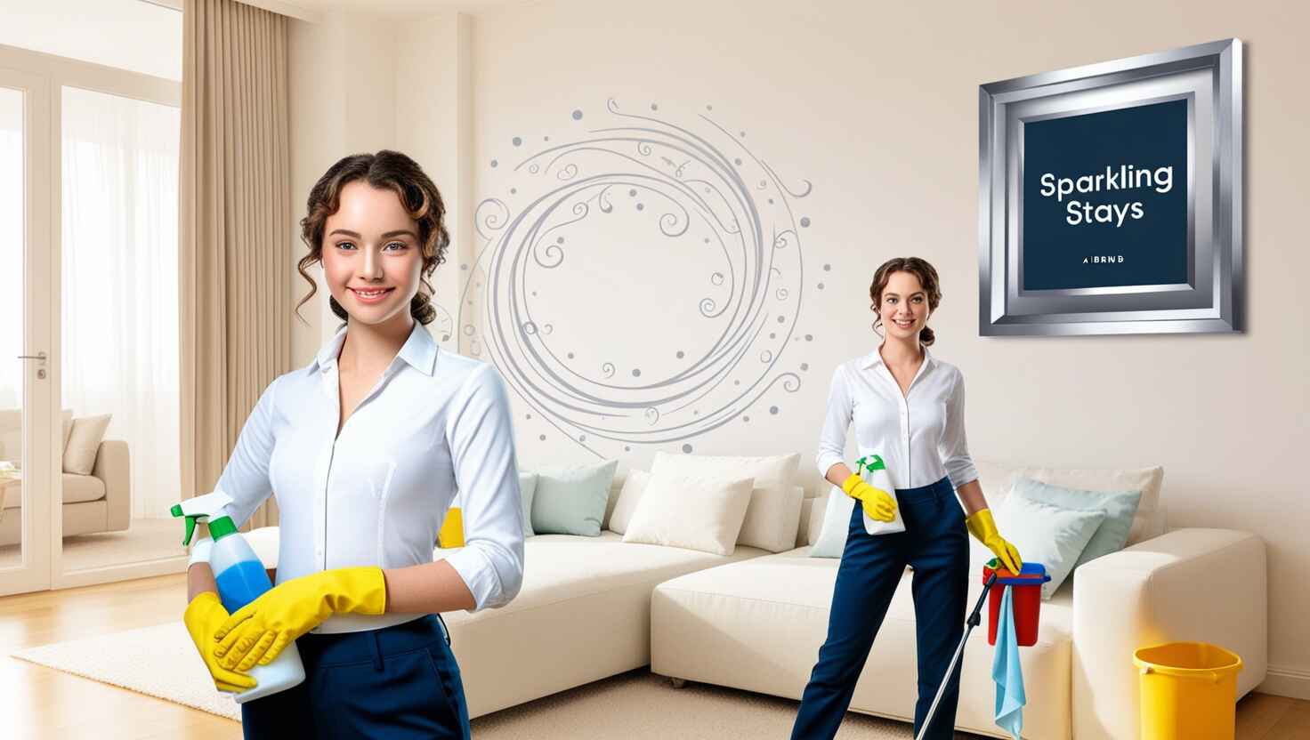 1. Two women with cleaning supplies stand in front of a couch, ready to provide professional Airbnb cleaning services. 2. Two women equipped with cleaning supplies pose in front of a couch, showcasing their Airbnb cleaning service expertise. 3. Two women holding cleaning supplies are positioned in front of a couch, representing a dedicated Airbnb cleaning service.