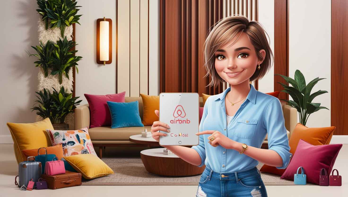 1. A woman co-hosting on Airbnb holds a tablet in her living room, showcasing her hospitality and modern technology. 2. In a cozy living room, a woman co-hosts on Airbnb while holding a tablet, emphasizing her role in guest management. 3. A woman stands in her living room, tablet in hand, representing her role as an Airbnb co-host and her commitment to service.