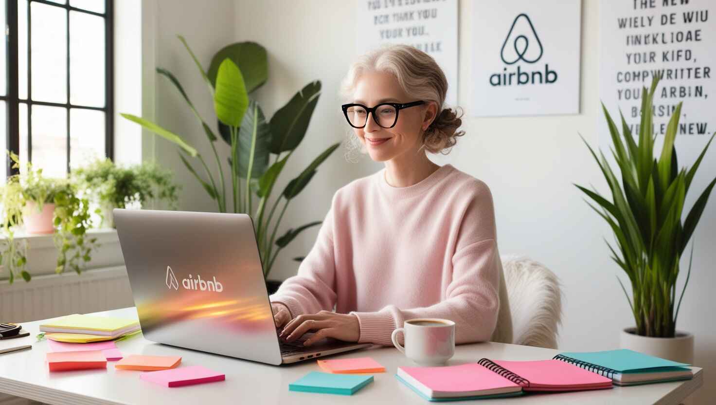 1. A woman in glasses works at a desk with a laptop, contemplating renting out a spare bedroom in her home. 2. A woman wearing glasses is seated at a desk with a laptop, considering the option to rent out a spare bedroom. 3. A woman in glasses sits at her desk with a laptop, exploring the idea of renting out a spare bedroom in her house.