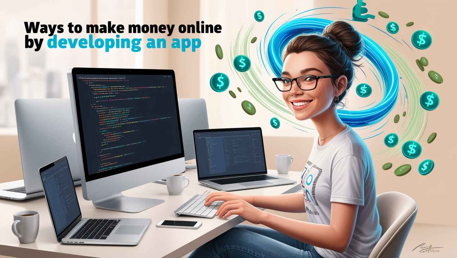 1. A woman at a desk with a laptop and screen displaying "Ways to Make Money Online by Developing an App." 2. A woman working at a desk, focused on a laptop and a screen showing "Ways to Make Money Online by Developing an App." 3. A woman seated at a desk, using a laptop with a computer screen that reads "Ways to Make Money Online by Developing an App."