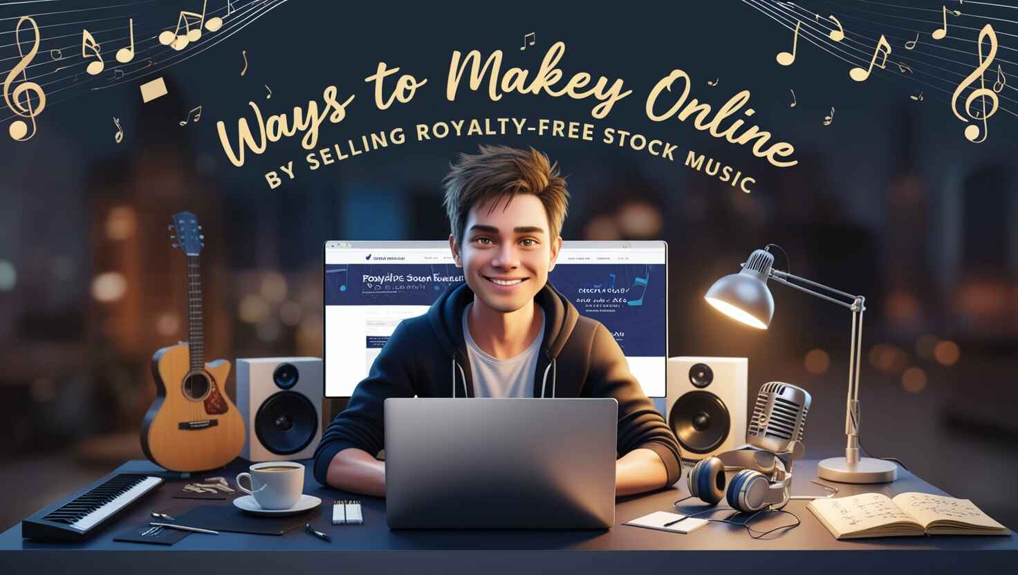 1. A man at a desk with a laptop and music notes, exploring ways to earn online through royalty-free stock music. 2. A man seated at a desk with a laptop and music notes, researching online income opportunities in royalty-free music. 3. A man working at a desk with a laptop and music notes, focused on generating income by selling royalty-free stock music.