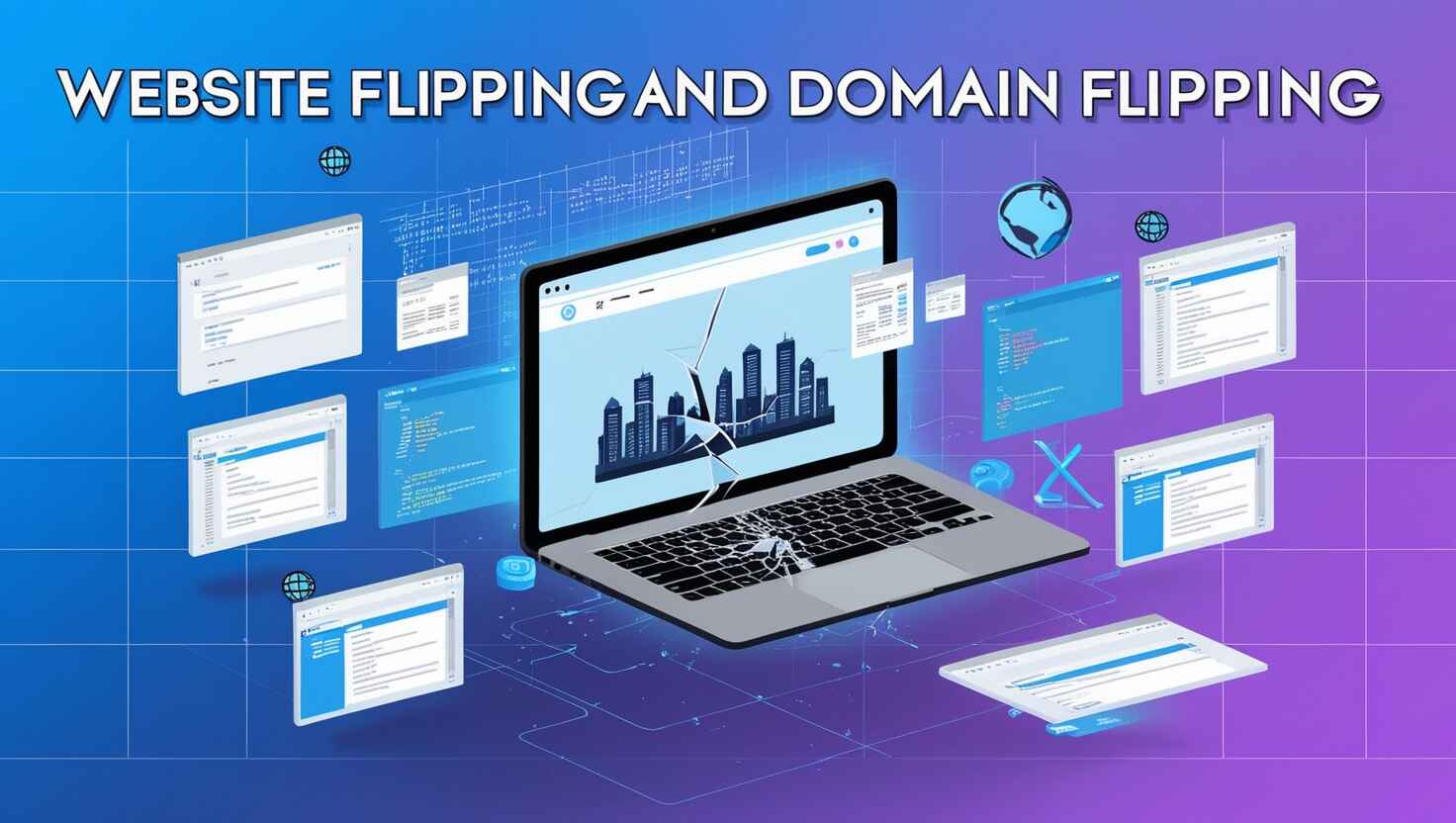 1. A visual representation of website and domain flipping, showcasing the buying and selling process in digital real estate. 2. An illustration depicting the concept of website and domain flipping, highlighting the exchange of digital properties. 3. A graphic illustrating website and domain flipping, emphasizing the investment and resale aspects of online assets.